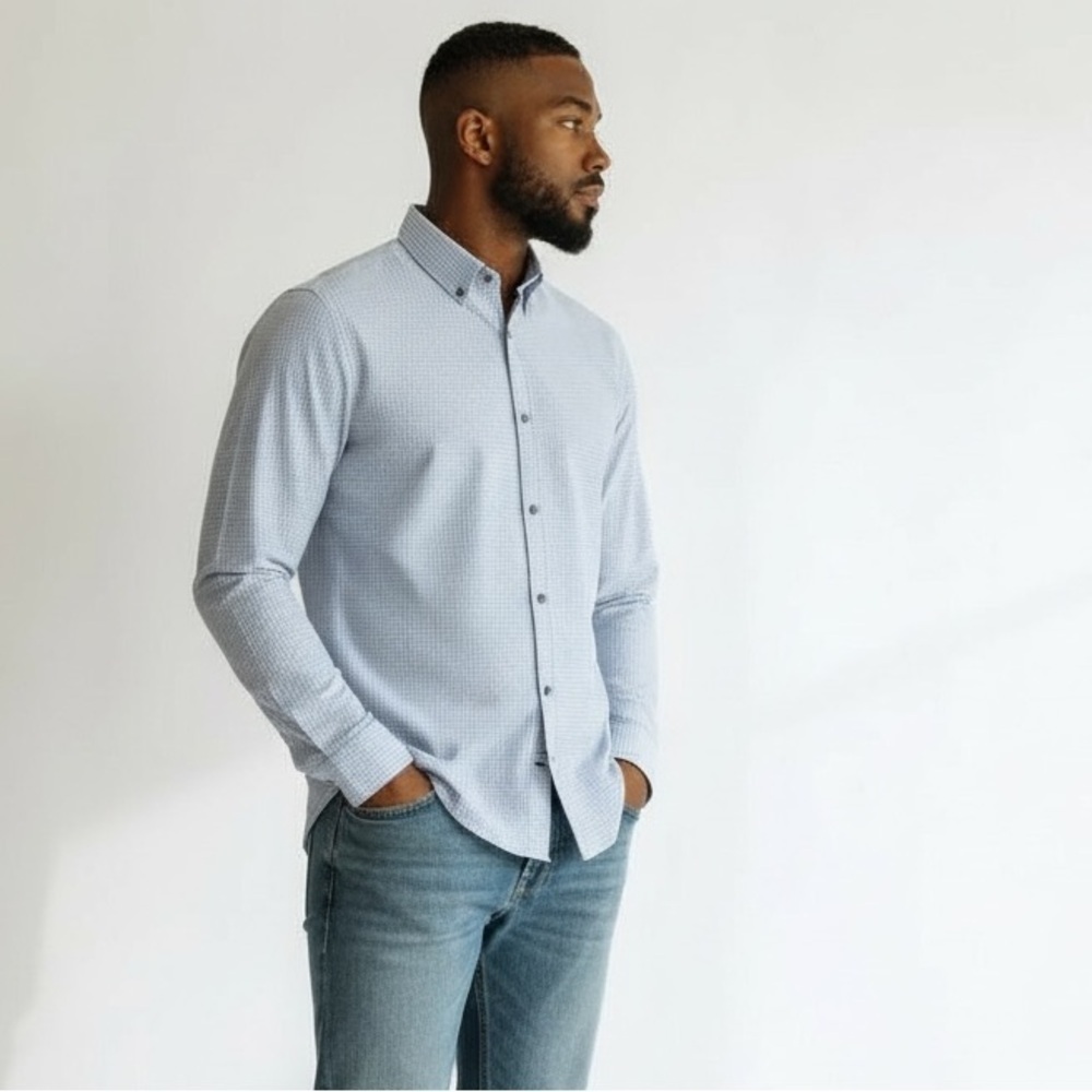 Kenneth Cole Slim Fit Dress Shirt Light Blue Check – 16.5 34/35